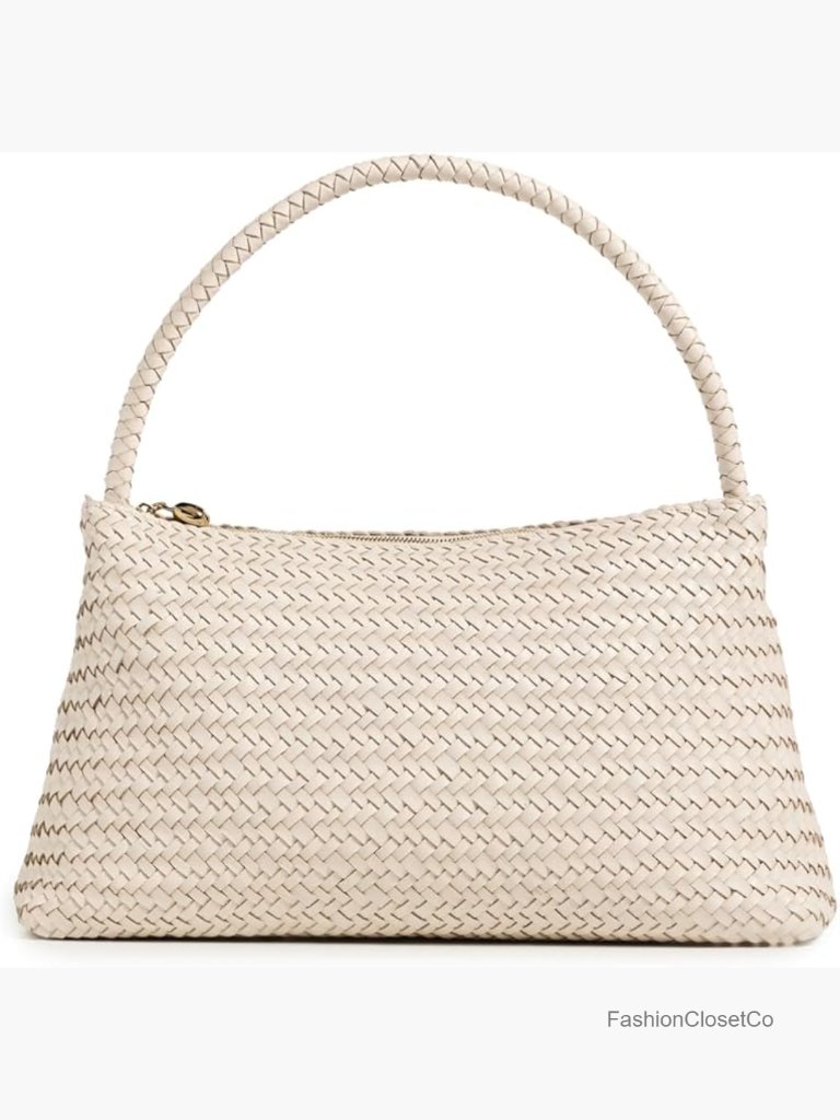 Woven Leather Shoulder Bag Satchel Zip Top Gold Hardware